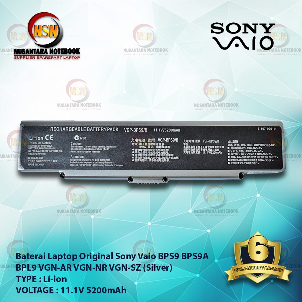 Baterai Sony Vaio BPS9 BPS9A BPL9 VGN-AR VGN-NR VGN-SZ Original Silver 11.1V 5200mAh