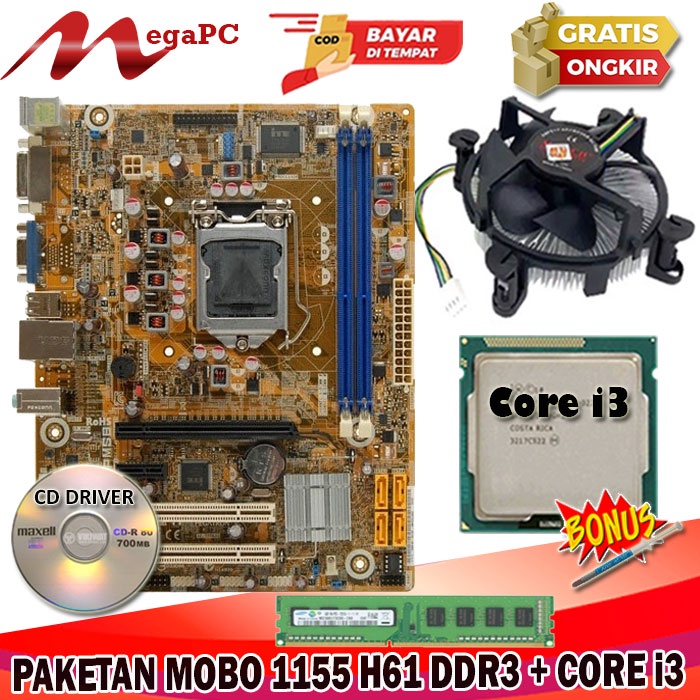 OBRAL Paket Mainboard LGA 1155 H61 Ddr3 + Core i3 3220 + FAN + RAM