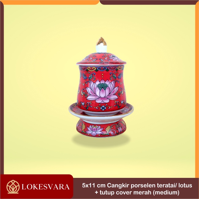 Cangkir Sembahyang Altar Puja Porselen Motif Teratai + Tutup Cover