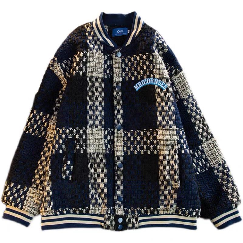 2022 Retro Amerika Rajutan Plaid Kerah Bisbol Padded Katun Jaket Pria dan Wanita Keren BF Katun Empu