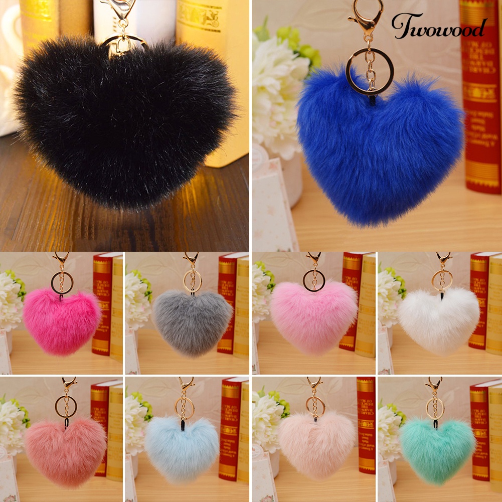 Twowood 10 cm Lucu Faux Fur Ball Pompom Bentuk Hati Gantungan Kunci Ponsel Mobil Handbag Key Ring