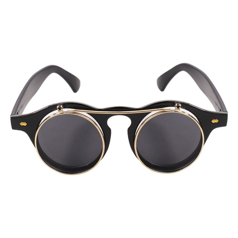 MOLNIYA Kacamata Fashion Pria Wanita Double Frame Steampunk 14 cm Desain Retro Klasik Bulat 2 Kaca Dua Lensa Frame Keren Kekinian Korea Anti UV Bening Hitam Alloy Polycarbonate