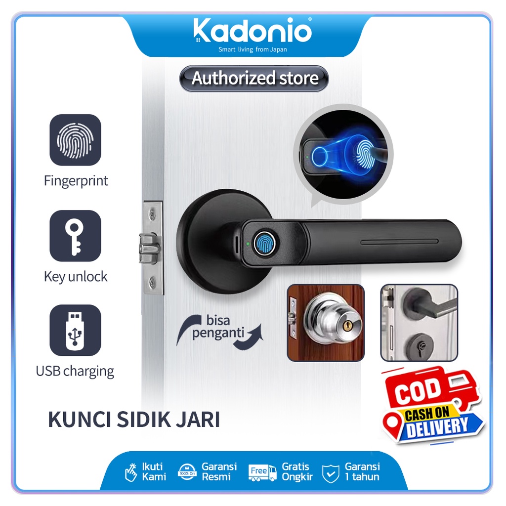 Kadonio Kunci Pintu rumah Elektronik Fingerprint Handle USB charge kunci pintu sidik jari Smart Door Lock kunci pintu digital hendel pintu rumah