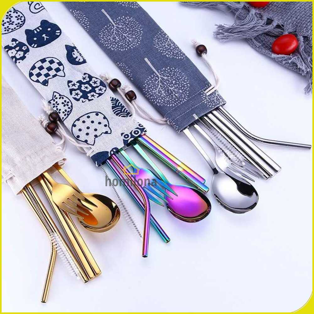 Tofok Cutlery Set Perlengkapan Makan Sendok Garpu Kitty Cloth Bag - T5