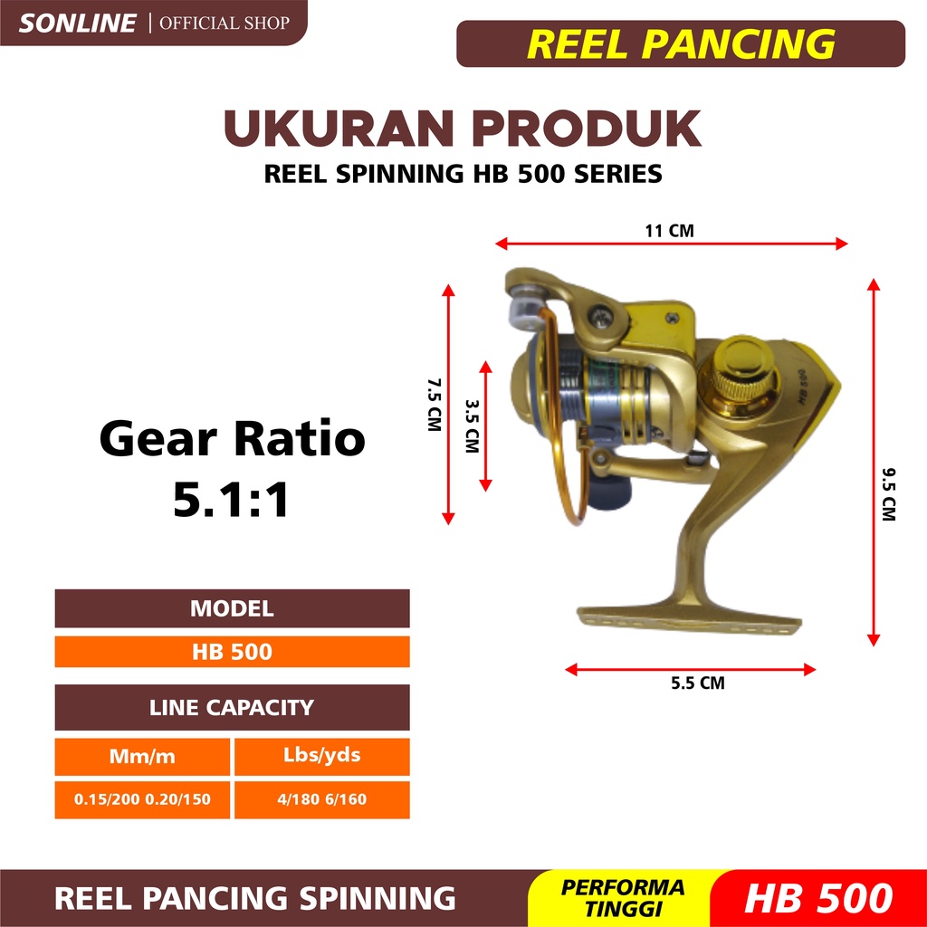 SONLINE Reel Pancing Laut Mini 500 Series Reel Pancing Warna Gold Reel Metal Reel Pancing Laut Reel HB500