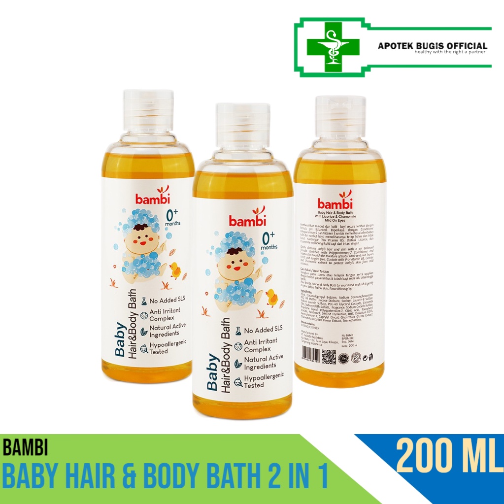 Bambi Baby Hair &amp; Body Bath 2 in 1 200ml | Sabun dan Shampoo Untuk Kulit Bayi Normal - Sensitif | PH Balance