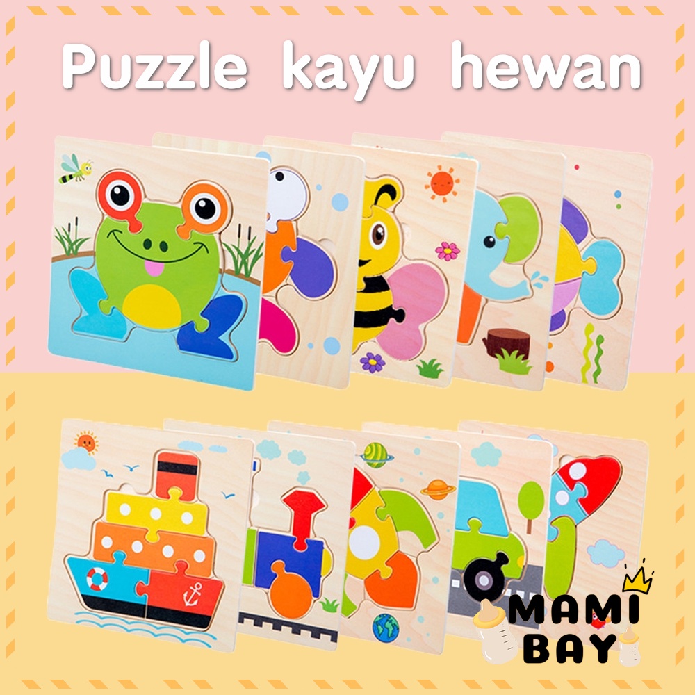 Mamibayi Puzzle kayu hewan mainan edukasi anak puzzle transportasi wooden toys