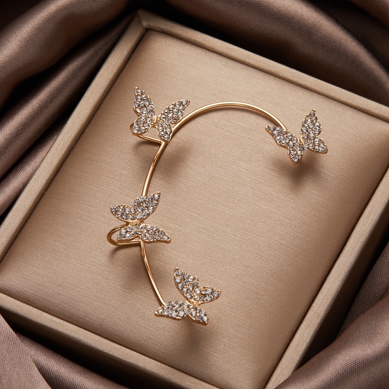 Klip Telinga Kupu-Kupu Logam Warna Emas Silver Tanpa Tindik Untuk Wanita Zirkon Berkilau Ear Cuff Clip Earrings Perhiasan Pernikahan