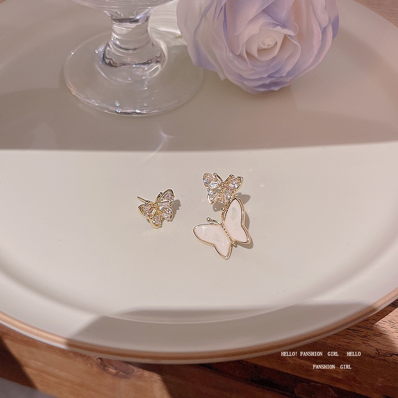 925 Jarum Perak Asimetris Zirkon Kupu-Kupu Anting Wanita Stud Telinga Perhiasan