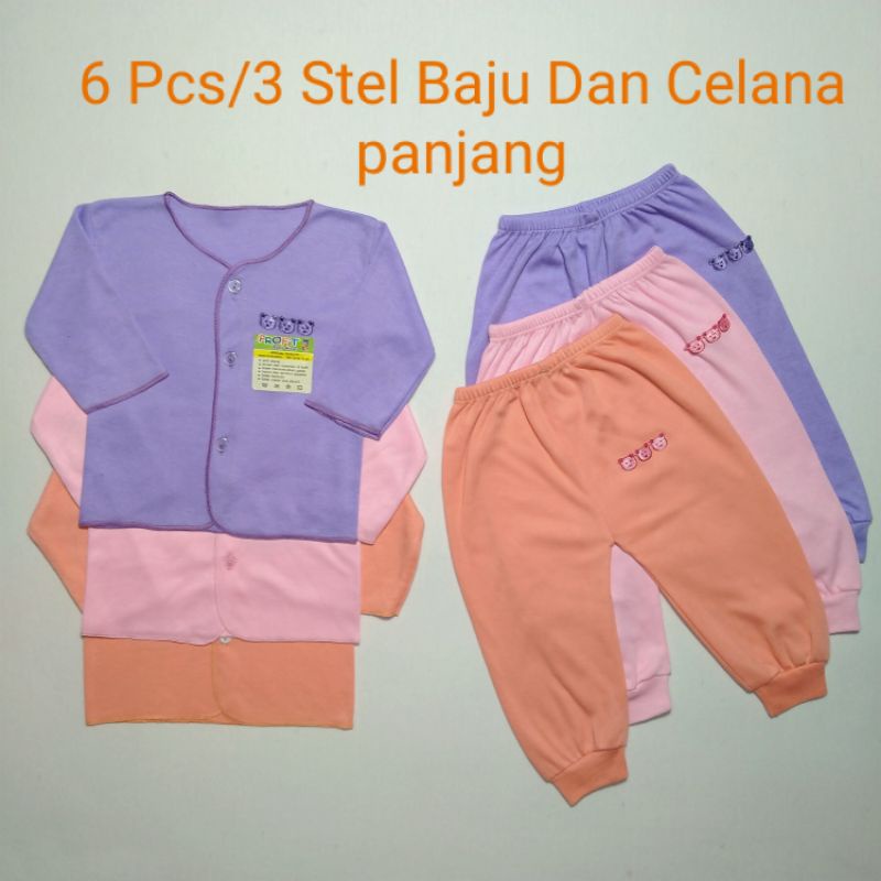 6 Pcs/3 Stel Baju Dan Celana Bayi Baru Lahir Newborn Seri Perempuan Lengan Panjang