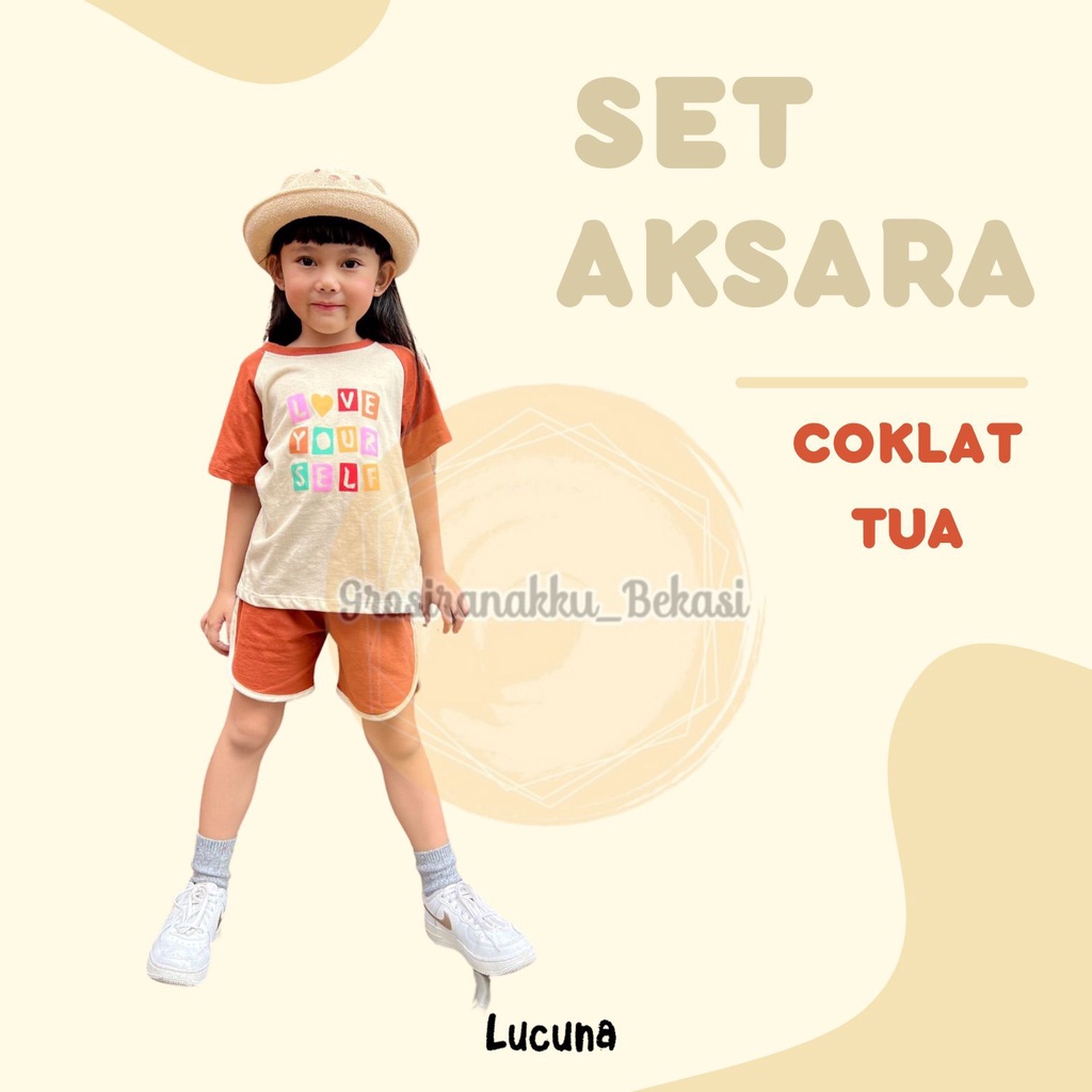 Setelan Anak Cewek Aksara Lucuna Warna Coklat Tua Size 1-5 THN