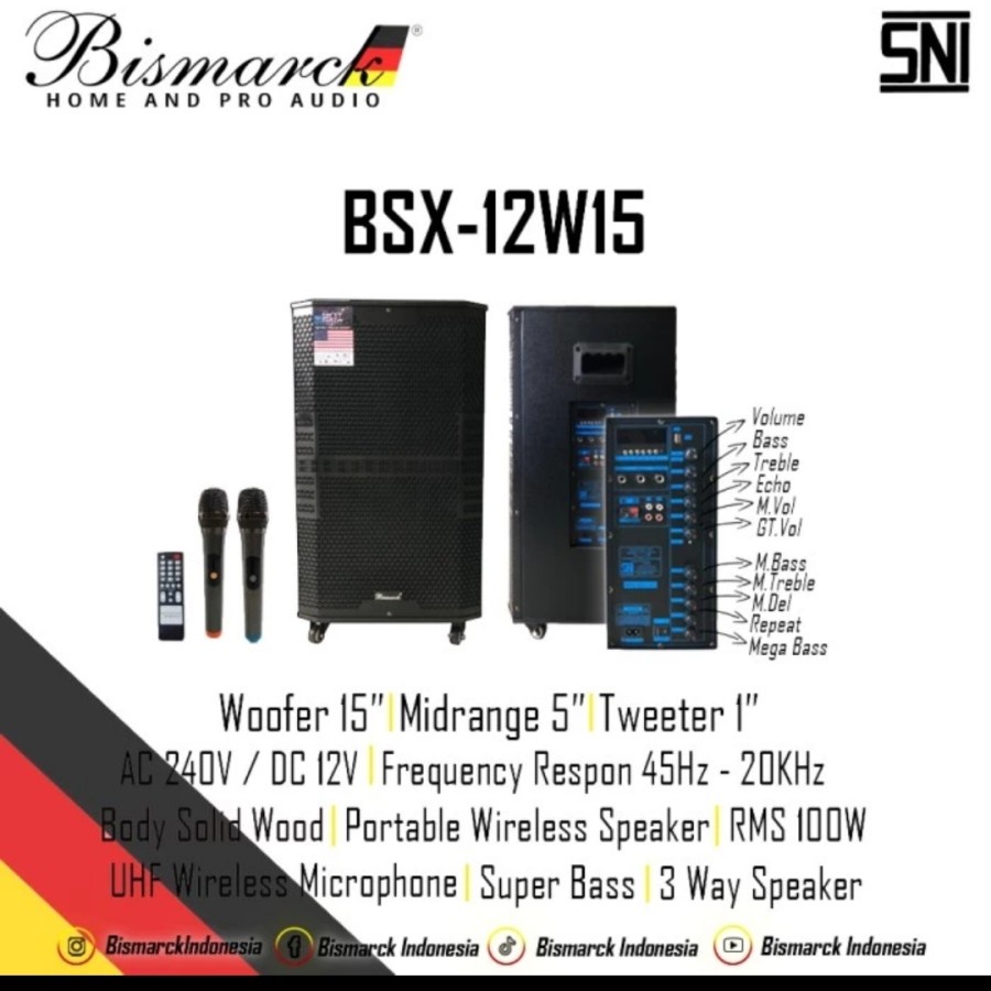 Speaker aktif portable bismarck 15 inch bsx 12w15 wireless bsx12