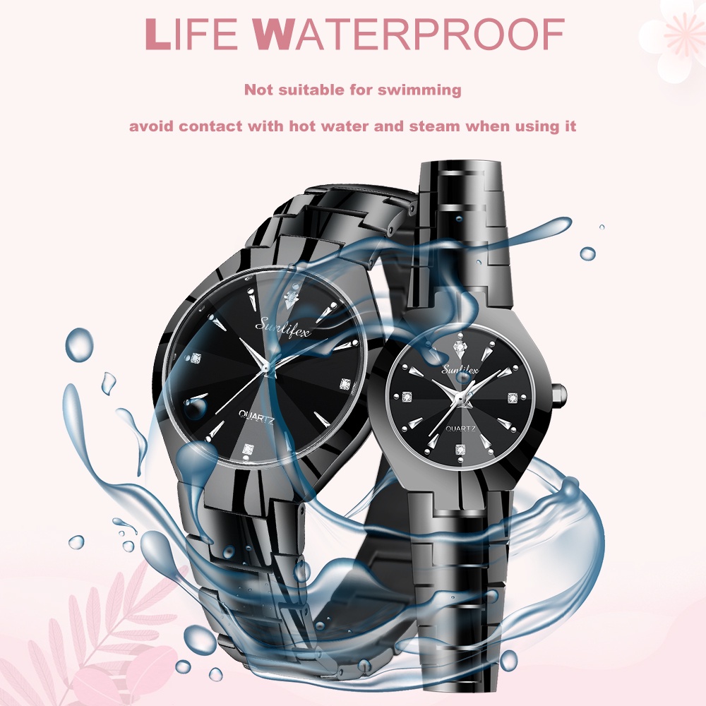 Sunlifex Jam Tangan Couple 9090-M+SL9090-W Stainless Steel Berlian Anti Air Analog Bisnis Kuarsa Jam Tangan Wanita/Pria-8