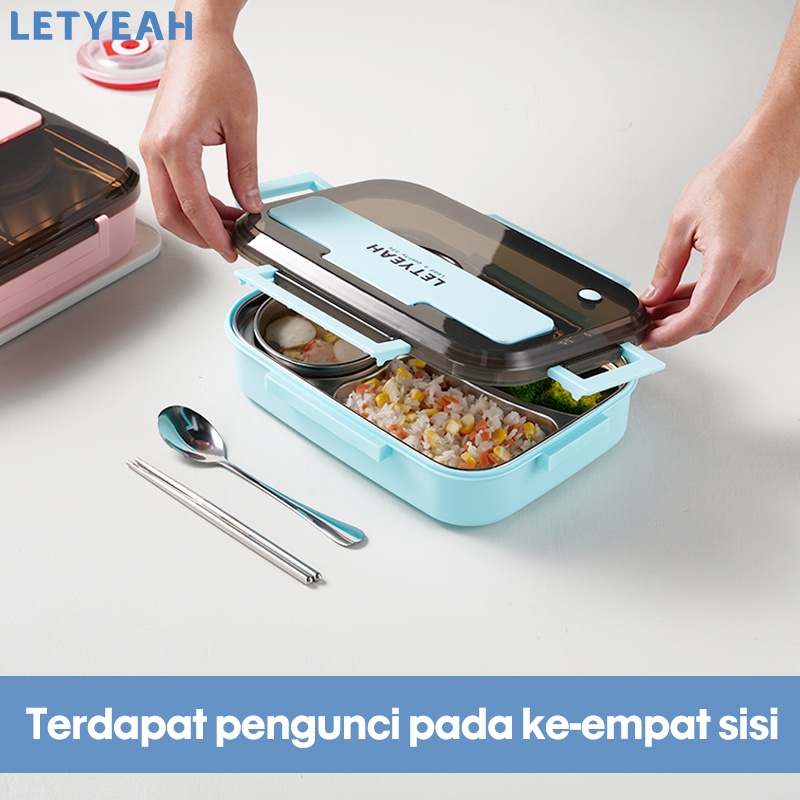 letyeah 1300ml Kotak makan 4 sekat anti tumpah /Lunch box stainless dengan mangkuk sup