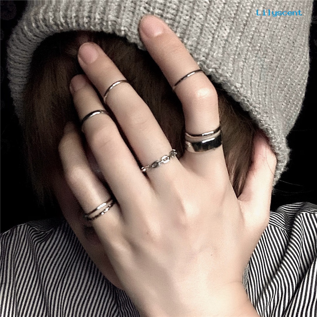 [LS]7Pcs /set Cincin Knuckle Wanita Geometris Pembukaan Adjustable Hip Hop Stackable Finger Rings Untuk Pesta Club Cosplay