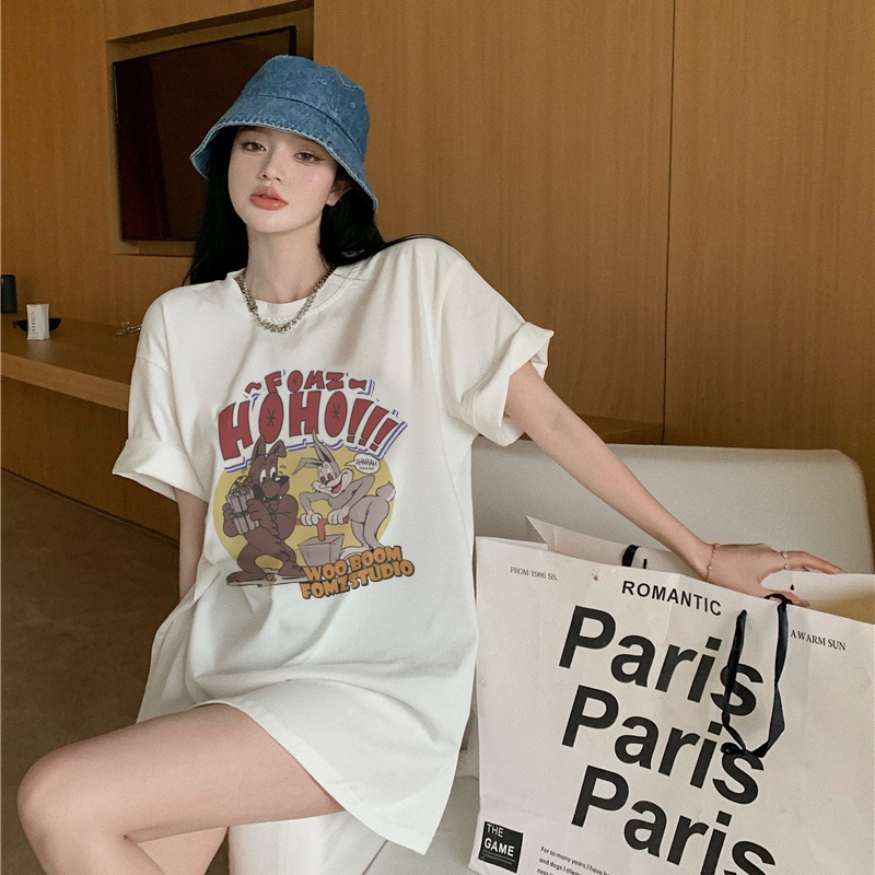 Print T-shirt Kaos Lengan Pendek Cartoon Anime Rabbit Dog Atasan Wanita Korean Style