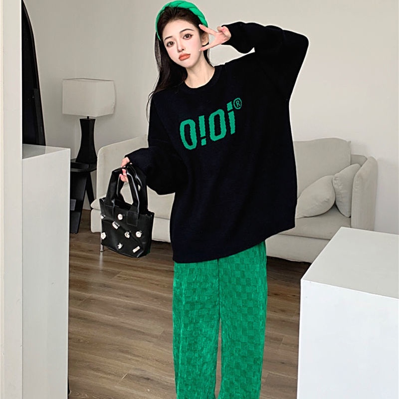 Suhao versi Korea longgar leher bulat hitam sweater wanita one-piece suit gaya malas sweater rajutan setengah panjang pakaian luar pullover top