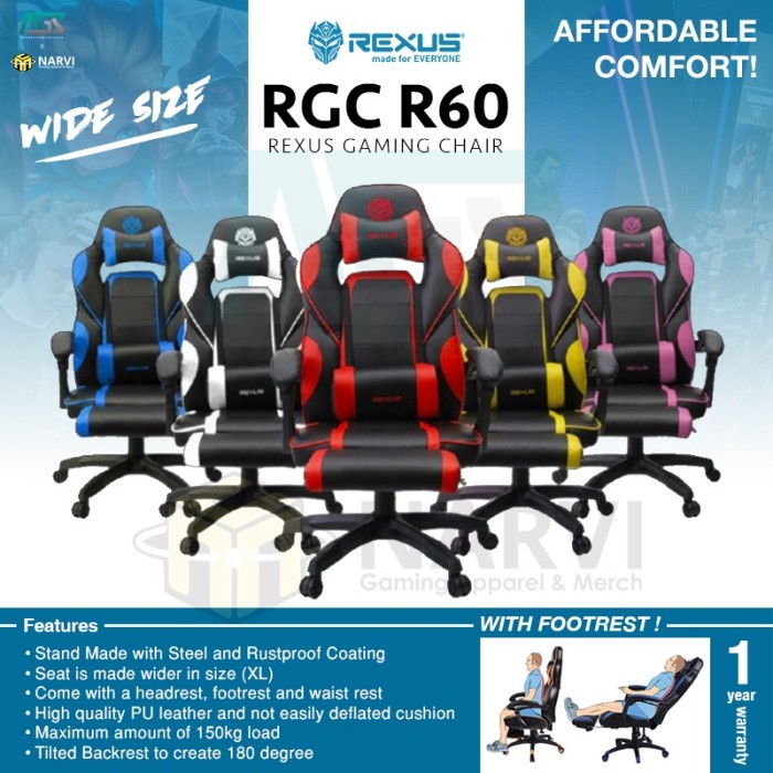 Kursi Rexus Rgc R60 Gaming Chair With Footrest Gaming Chair - Kursi Gaming