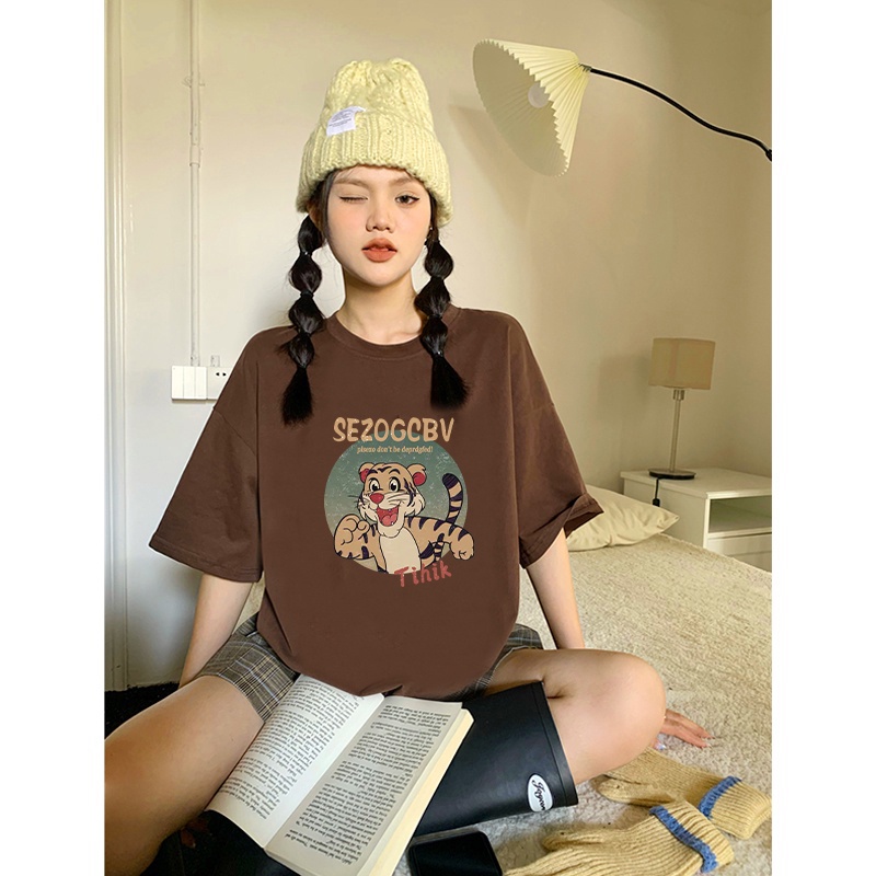 Kaos Couple Oversize Kekinian Vintage Letter Tiger Cartoon Pattern Printing Lengan Pendek T-shirt Baju Wanita Hitam/kaos polos