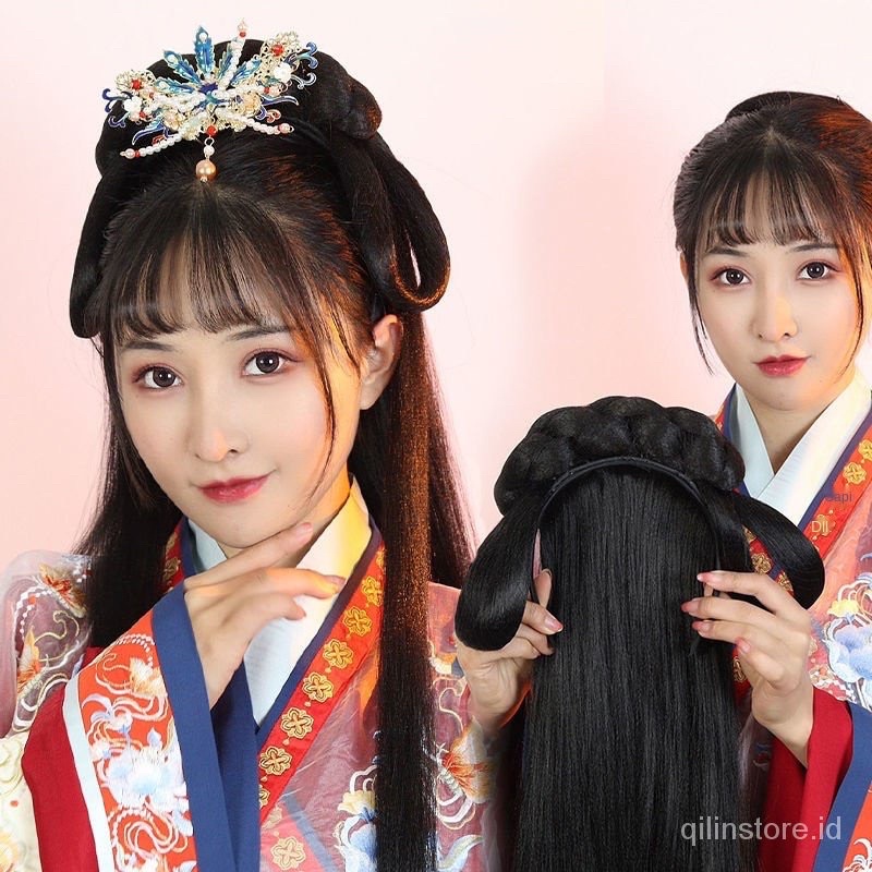 Delunashop Bando IMLEK Wig Rambut Palsu anak dan dewasa Rambut Wig hanfu Terintegrasi Kuno Han Cina Pakaian Pemula Tangan untuk Penyandang Cacat Sanggul Pesta Ming Gaya kostum Kuno Sanggul rambut gaya cina