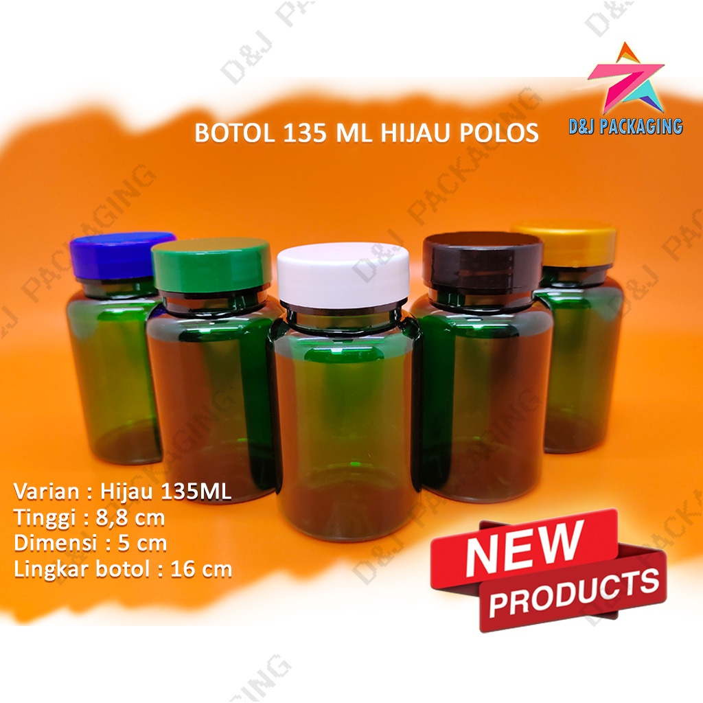 Botol Obat Isi 60 Kapsul 135 ML Hijau Tutup Polos + Plug Inner