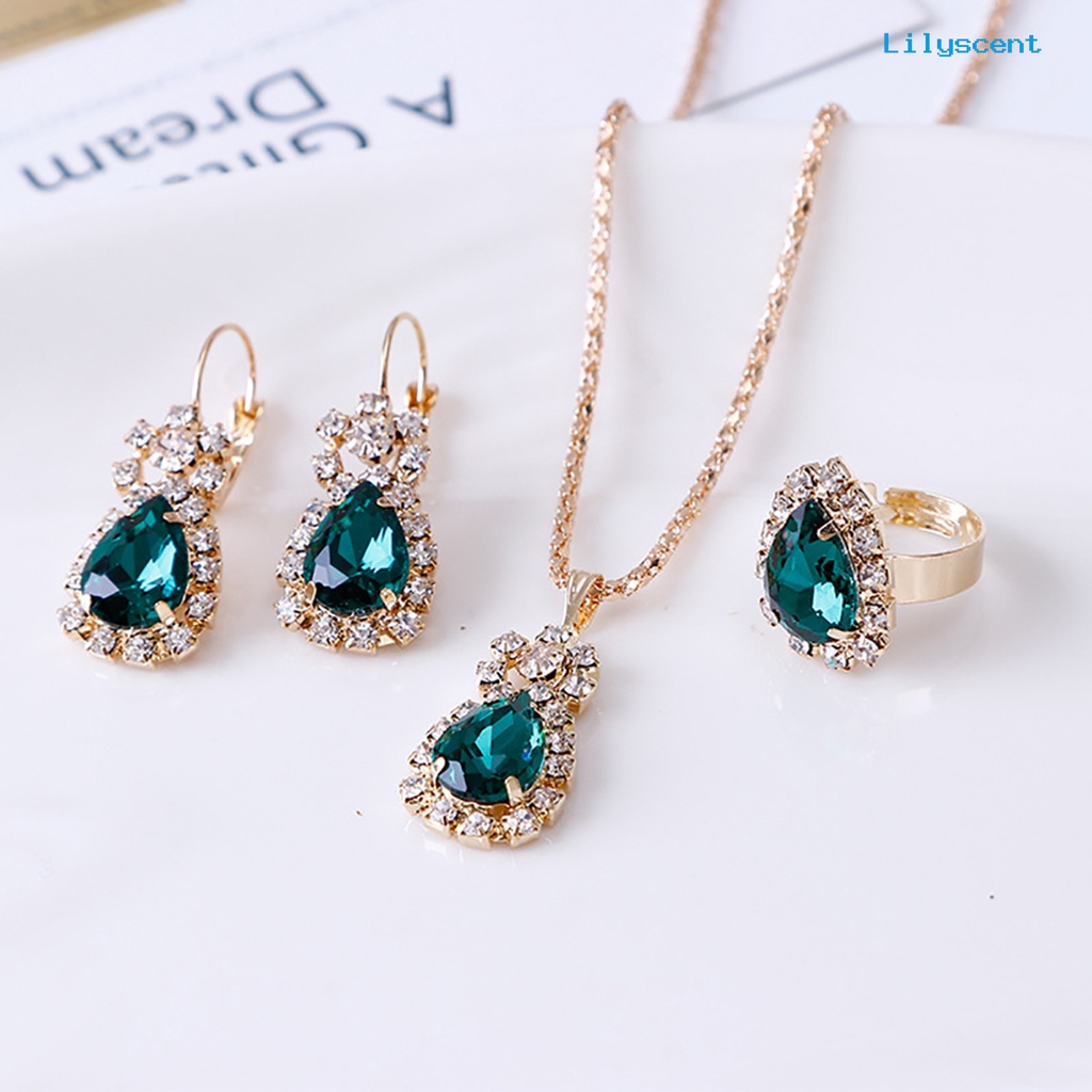 [LS] Set Perhiasan Eye-catching Mudah Senada Wanita Tetesan Air Berlian Imitasi Mengkilap Kalung Cincin Anting Untuk Pesta