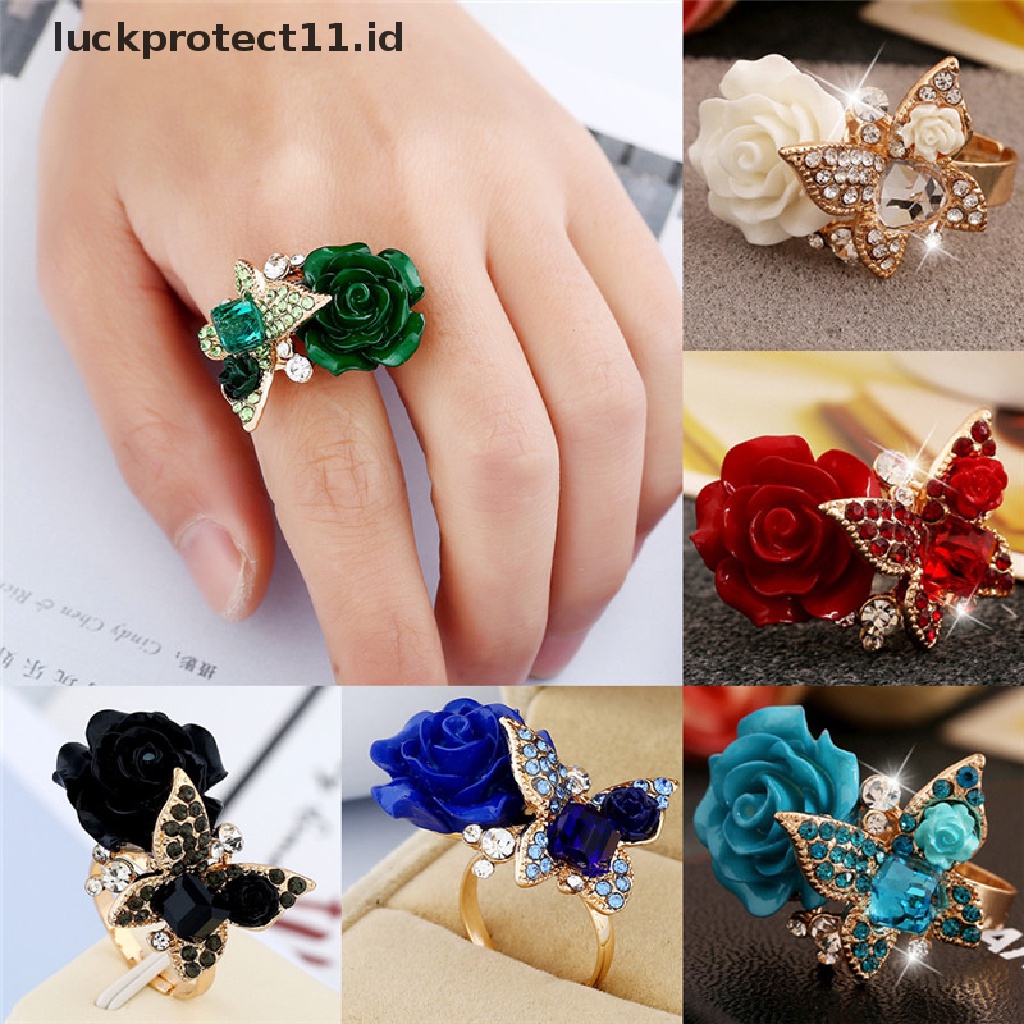 /Fashion Hot// Fashion// Cincin Jari Kupu-Kupu Mawar Yang Dapat Disesuaikan Cincin Berlian Imitasi Kristal Pertunangan Perhiasan.