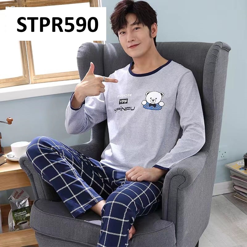 Piyama Pria Baju Tidur Pria Lengan Panjang Celana Panjang Stripe Grey