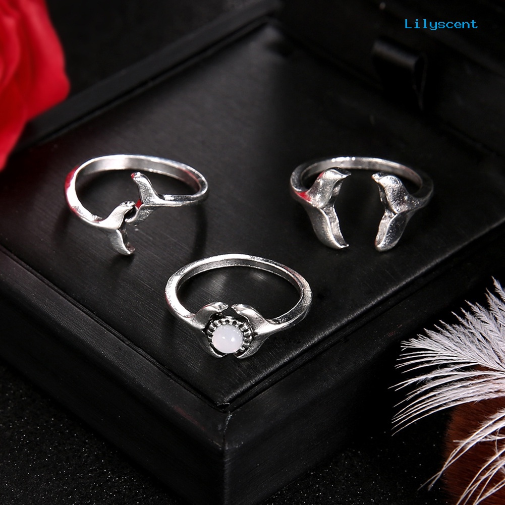 [LS] 3pcs/set Wanita Fashion Ikan Paus Ekor Imitasi Batu Permata Midi Knuckle Jari Cincin Perhiasan