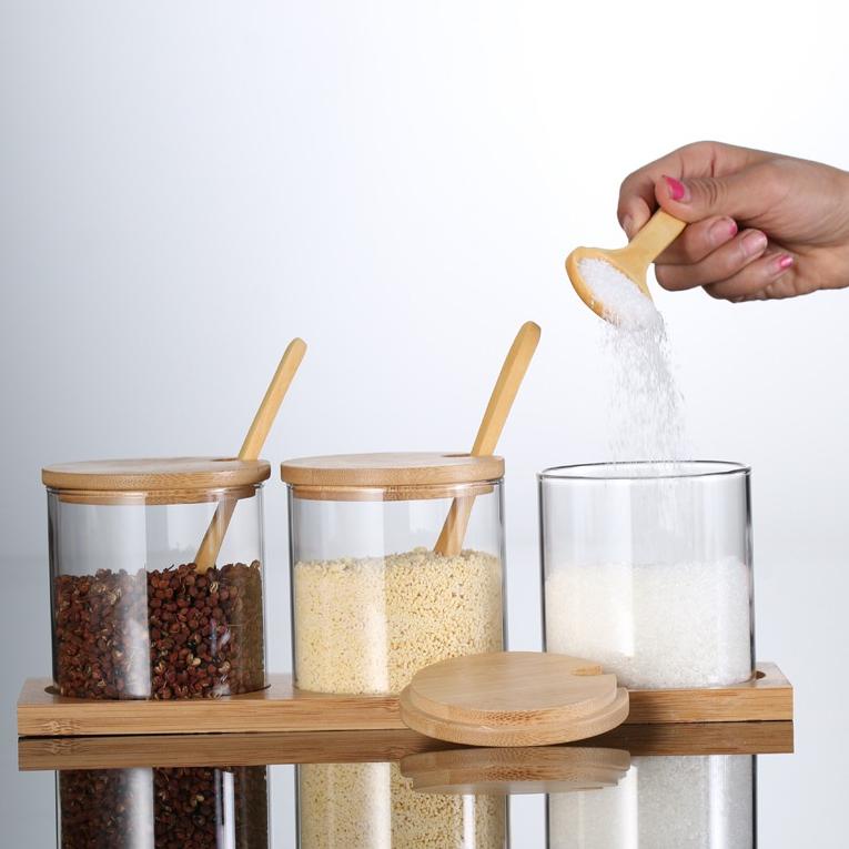 7M8 TEMPAT BUMBU KACA SET ISI 3 TOPLES DENGAN ALAS DAN PENUTUP KAYU / VINTAGE SGE JAR / SEASONING JA