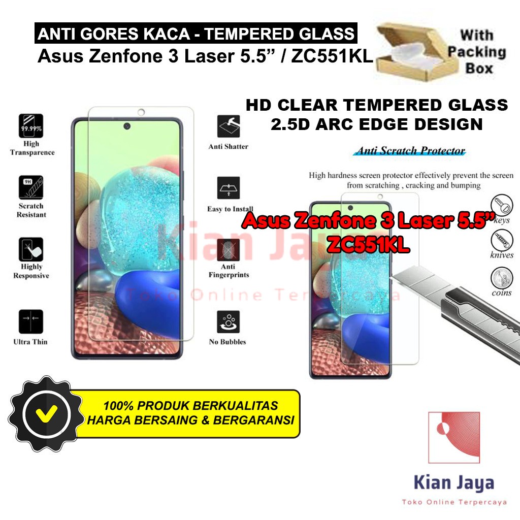 Anti Gores Kaca Hp Asus Zenfone 3 Laser 5.5 Inch / ZC551KL Tempered Glass Premium Bening Transparan Clear TG Temper Glas