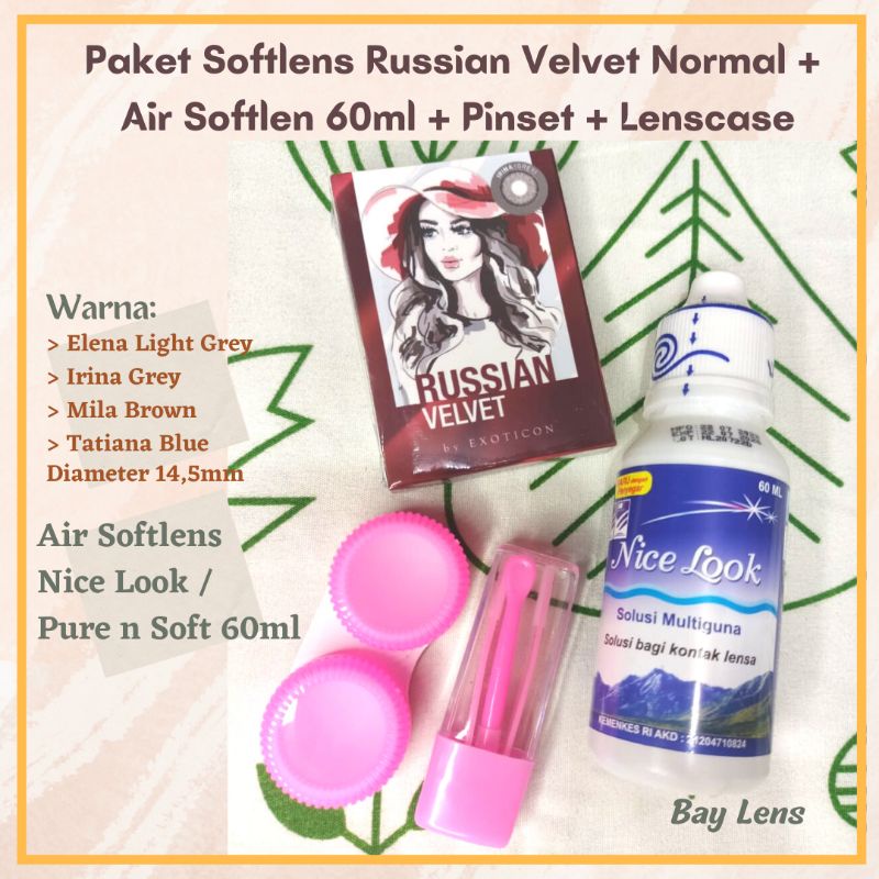 COD Paket Softlens Russian Velvet Dm 14,5mm Normal + Air Softlens Pure n Soft / Nice Look 60ml + Pinset + Lenscase Grab Gojek Instant