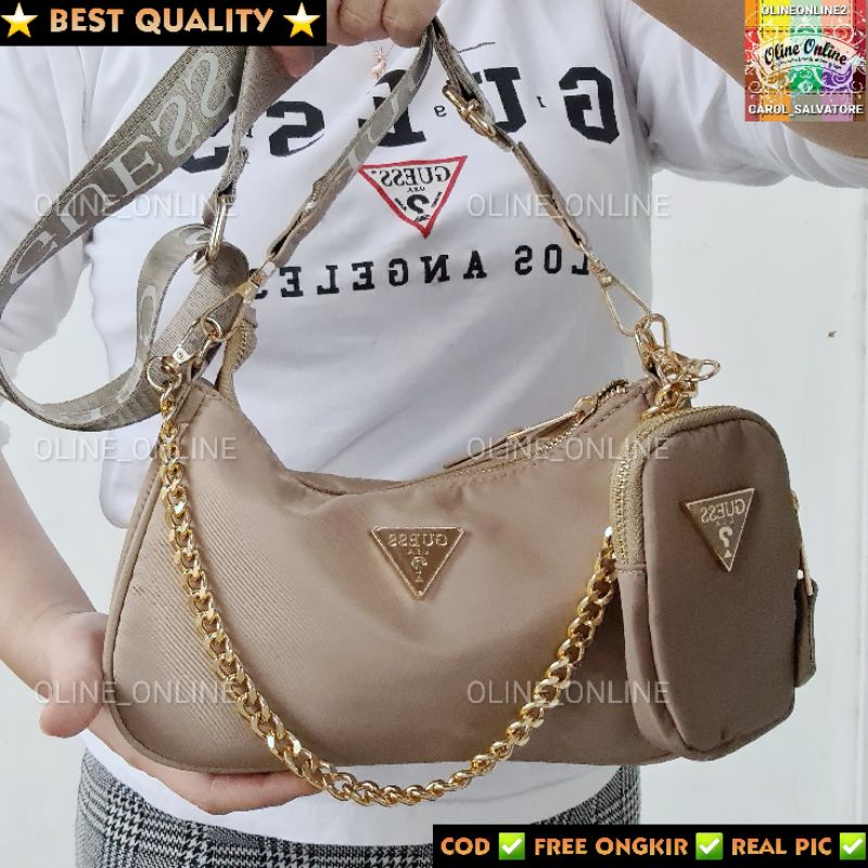 (WODB) tas NEO nylon crossbody with small pouch rantai gold chain logo straps khakis black gs cream gb shoulder bag jinjing hand carry