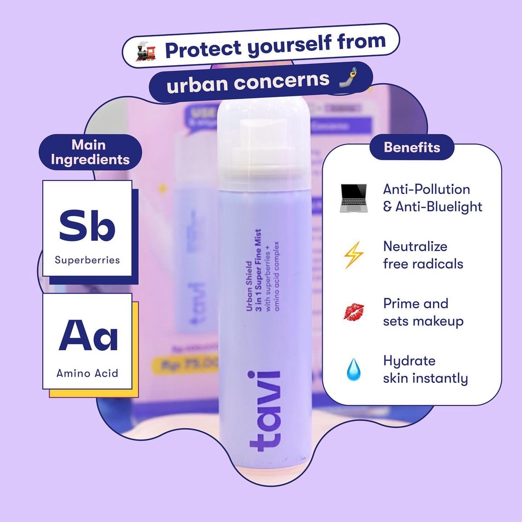 TAVI Urban Shield 3 in 1 Super Fine Mist Indonesia / Pelembab Wajah 90ml / With Superberries + Amino Acid Complex / Melindungi Menghidrasi Melembabkan Hydrating Moisturizer / Spray Base Makeup Prime Base / Skincare Face Care Treatment Perawatan Kulit