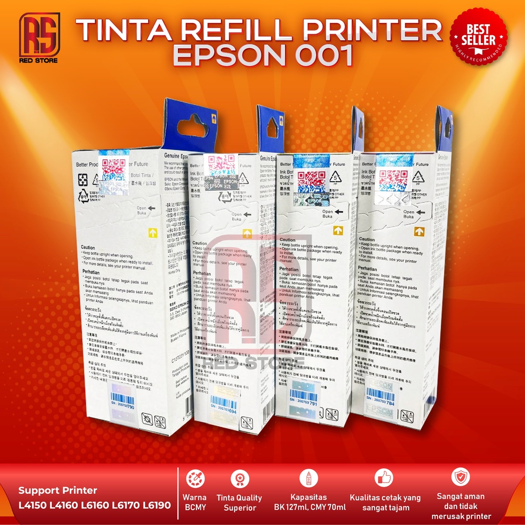 1 SET 4 PCS Tinta Epson 001 For Printer L6190  L6160 L6170 L4150 L4160 Premium