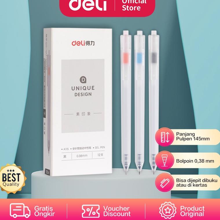 

rc✻Grosir➟ Deli Gel Pen / Pulpen Gel 0.38mm Tinta Hitam Isi 12 Retracable Desain Unik A115 97 ➟
