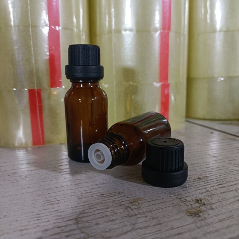 Botol kaca 15ml tutup filler tetes segel / essential oil / droper sealed -15ml amber tebal