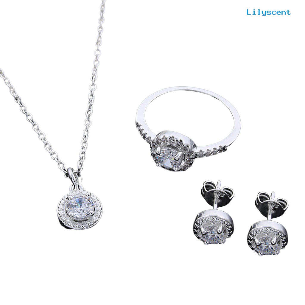 [LS] 1set Set Perhiasan Wanita Elegan Temperamen Mengkilap Berkilau Electroplating Berdandan Hadiah Cubic Zirconia Pendant Kalung Stud Anting Cincin Set Pernikahan Pernyataan