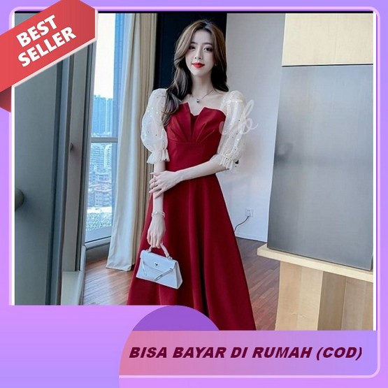 Tianshun Korean Style Warna Sifon Bunga White Hitam Wanita Midi Dress Korea Lengan Panjang Muslimah 
