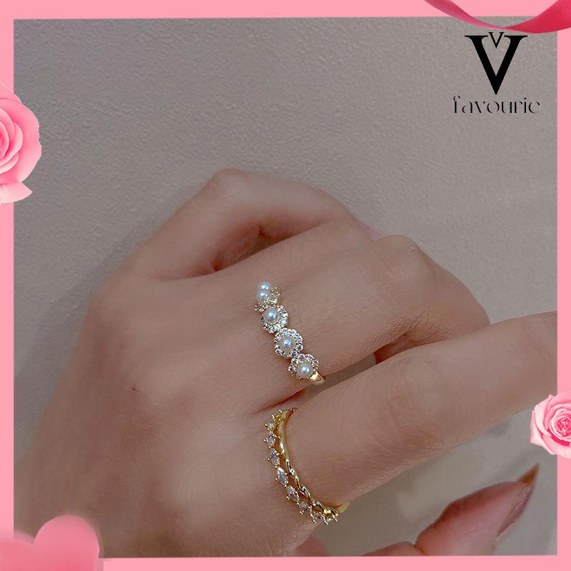 CODDouble-layer Retro Pearl Diamond Ring Niche Light Desain Mewah Cincin Dapat Disesuaikan Terbuka-FA