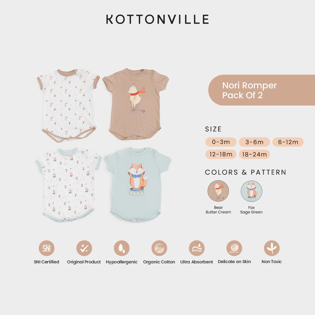 KOTTONVILLE NORI ROMPER ISI 2 BAJU SETELAN ANAK BAYI ESSENTIALS 0-2 TAHUN