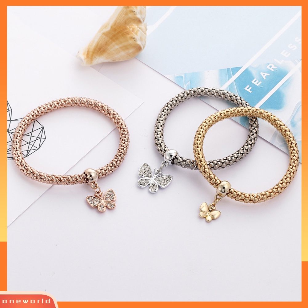 [WONE] 3pcs/set Paduan Berlian Imitasi Kupu-Kupu Liontin Wanita Gelang Pesona Perhiasan Hadiah