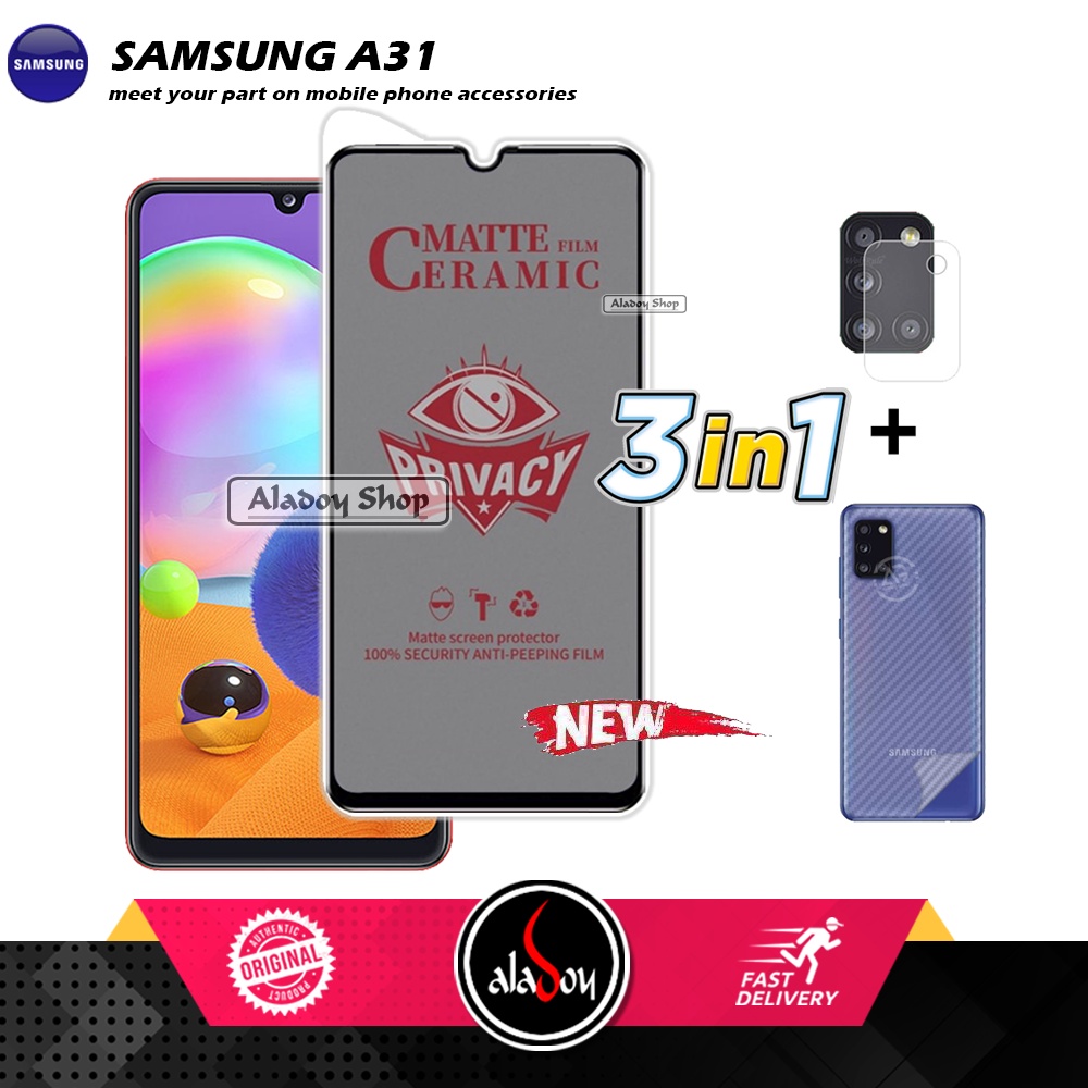 Tempered Glass Anti SPY Samsung A31 Anti Gores Privacy + Tempered Glass kamera dan Skin Carbon