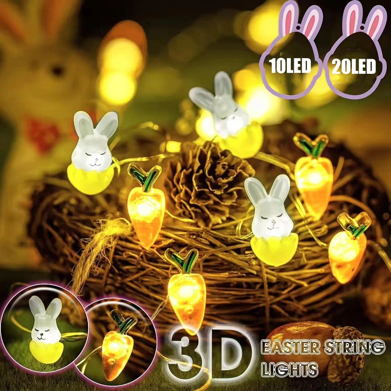 2m 20lampu Paskah LED Bunny Wortel Telur String Lampu USB Tenaga Baterai Kawat Tembaga Peri Lampu Malam Hias Selamat Paskah Perlengkapan Pesta