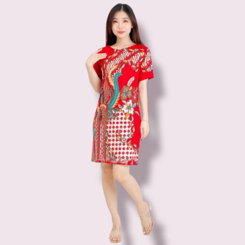 DRESS BATIK CHEONGSAM WANITA A028-038 RED- BAHAN STRETCH