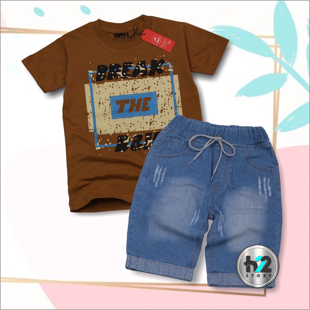 Setelan Anak Celana Jeans / Setelan Jeans Anak Laki Laki /  Setelan Kaos Distro Anak Celana Jeans Pendek Usia 3-12 Tahun / By H22Story