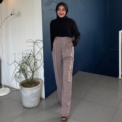 Celana Panjang Wanita Kulot Highwaist JUMBO Loose Pants Polyester Premium || Yora Pants Polyester Bahan Jatuh