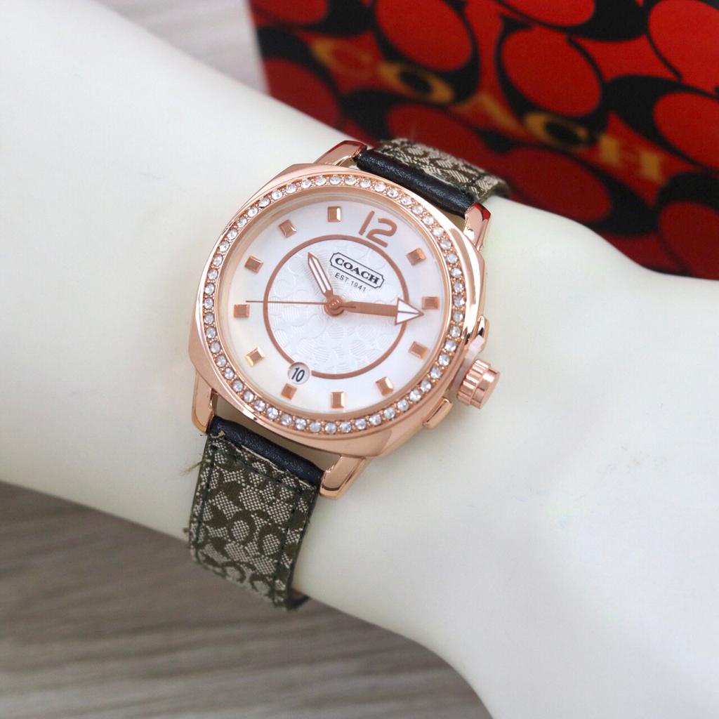 ( BISA COD ) Jam Tangan Wanita Coach Kulit body bulat ring diamond Tanggal aktif Include BOX Origina