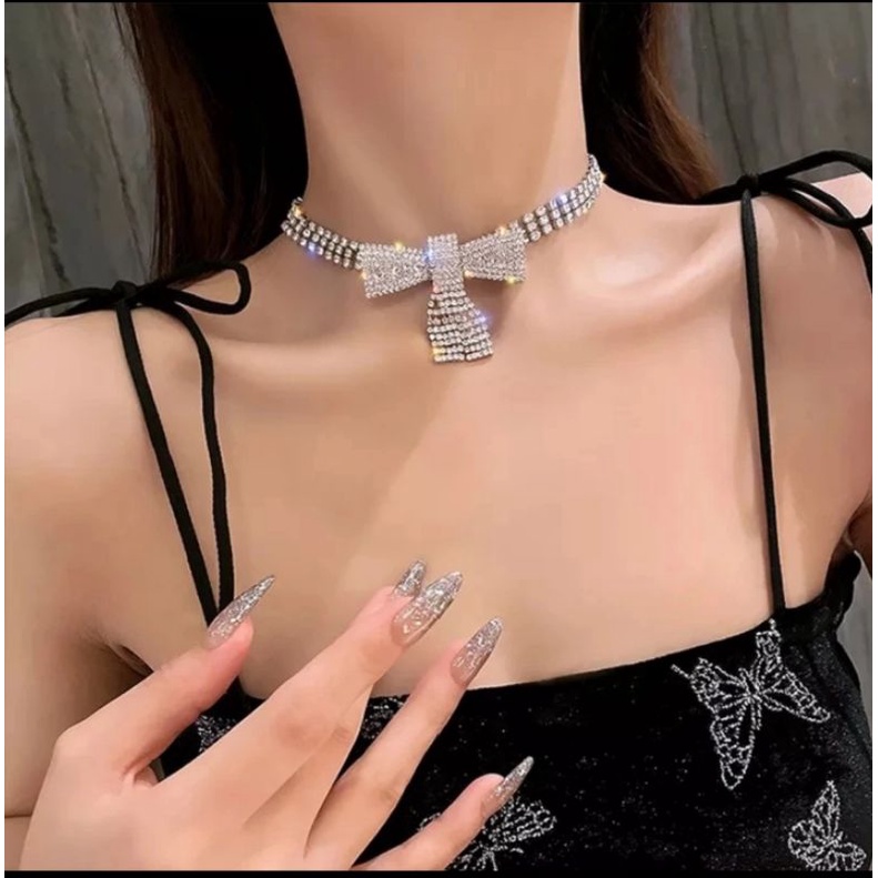 kalung wanita unik / shining rhinestone choker statement necklace