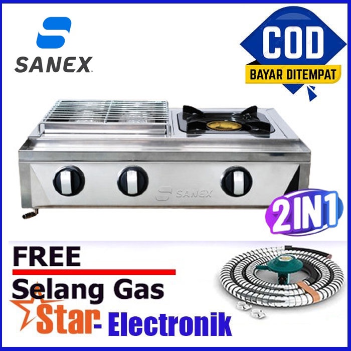 SANEX KOMPOR GAS PANGGANG SOSIS 2 IN 1 KKP-128 KOMPOR PANGGANG 2TUNGKU BAKAR + 1 TUNGKU KOMPOR API